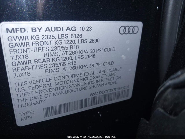 2024 AUDI Q3 PREMIUM 45 TFSI S LINE QUATTRO TIPTRONIC VIN: WA1DECF3XR1043235