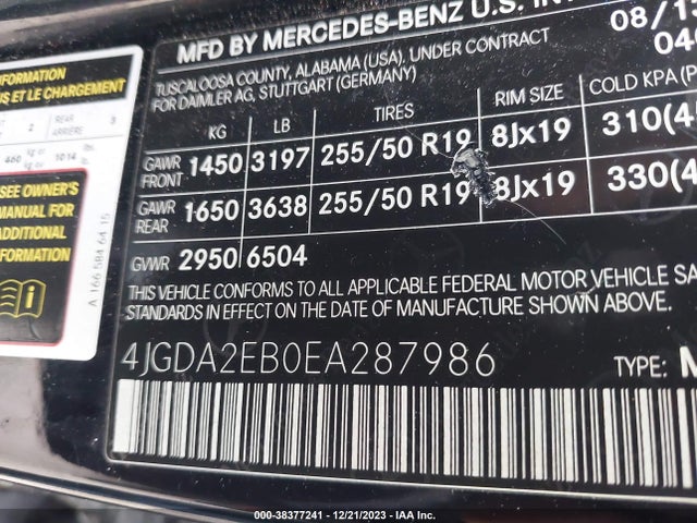 2014 MERCEDES-BENZ ML 350 BLUETEC 4MATIC VIN: 4JGDA2EB0EA287986