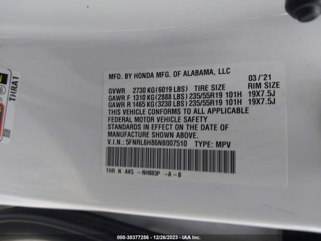 2022 HONDA ODYSSEY TOURING VIN: 5FNRL6H86NB007510
