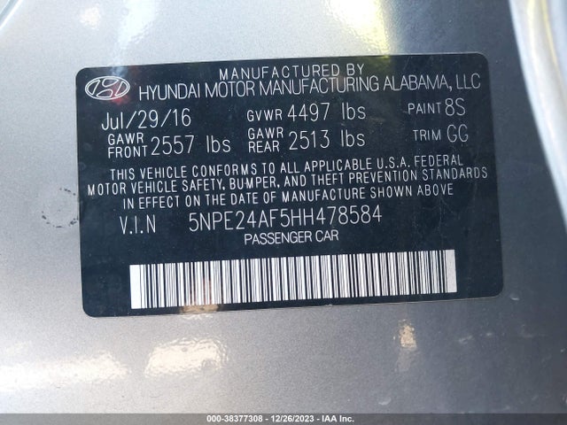 2017 HYUNDAI SONATA SE VIN: 5NPE24AF5HH478584