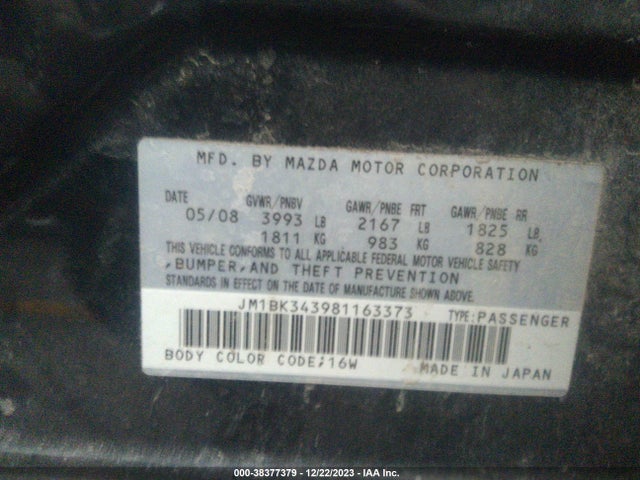 2008 MAZDA MAZDA3 S SPORT VIN: JM1BK343981163373