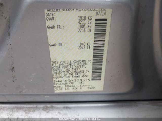 1N4AL3AP5FN318559 Nissan Altima 2.5/2.5 S/2.5 Sl/2.5 Sv