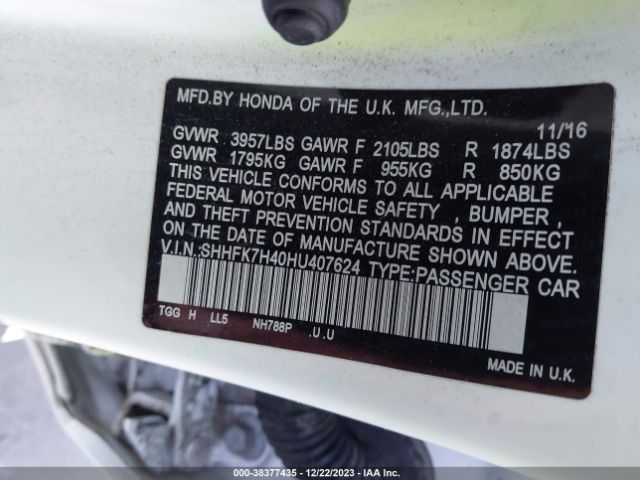 SHHFK7H40HU407624 Honda Civic Sport