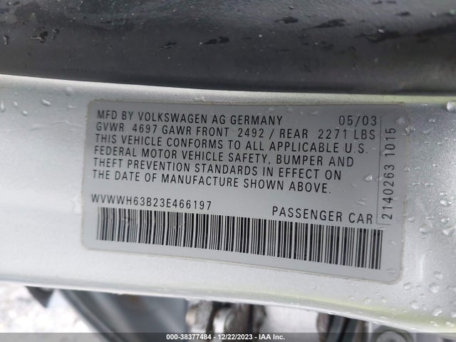 Продажа на аукционе авто 2003 Volkswagen Passat Glx, vin: WVWWH63B23E466197, номер лота: 38377484