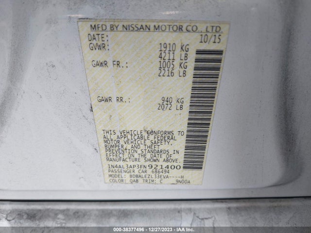 Nissan Altima 2.5 S 2015 1N4AL3AP3FN921400 Image 9