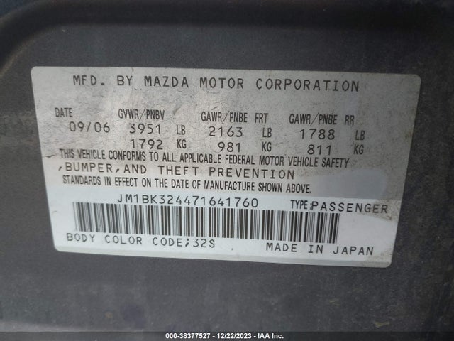 2007 MAZDA MAZDA3 S GRAND TOURING VIN: JM1BK324471641760