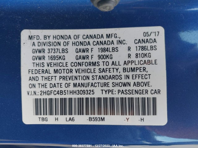 Honda Civic Lx 2017 2HGFC4B51HH309325 Image 9