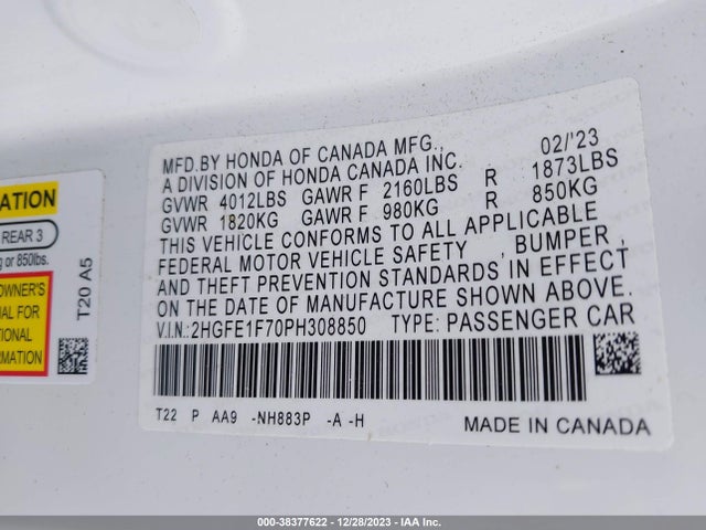 Honda Civic Ex /ex W/o Bsi 2023 2HGFE1F70PH308850 Image 9