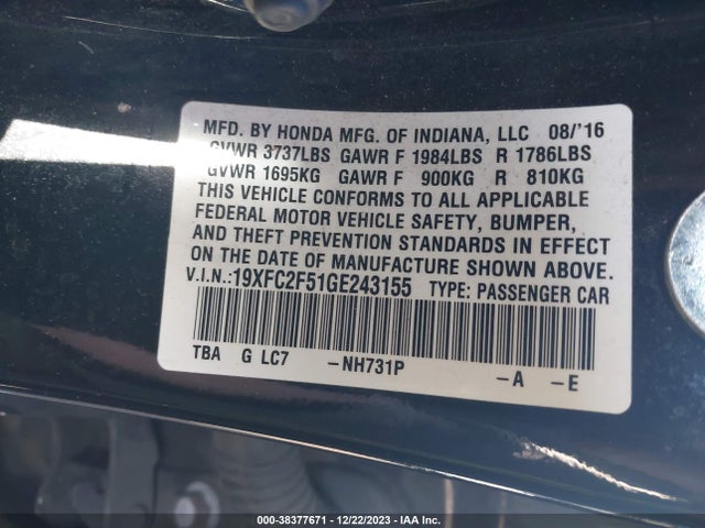 Honda Civic Lx 2016 19XFC2F51GE243155 Image 9