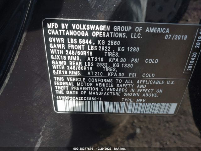 1V2DP2CA2KC586911 Volkswagen Atlas 2.0t Se