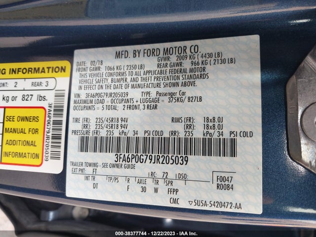 2018 FORD FUSION S VIN: 3FA6P0G79JR205039