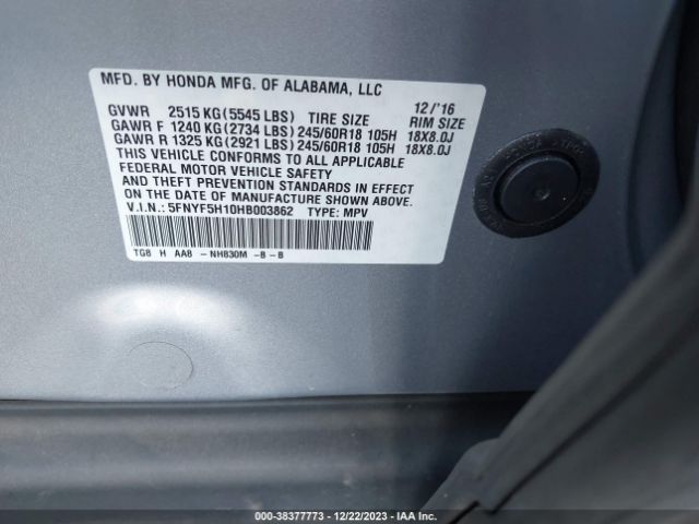 5FNYF5H10HB003862 Honda PILOT LX