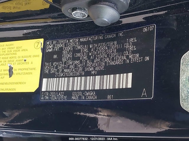 2008 LEXUS RX 350 VIN: 2T2GK31U38C038718