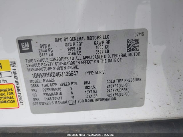 Chevrolet Traverse 2lt 2016 1GNKRHKD4GJ126547 Image 9