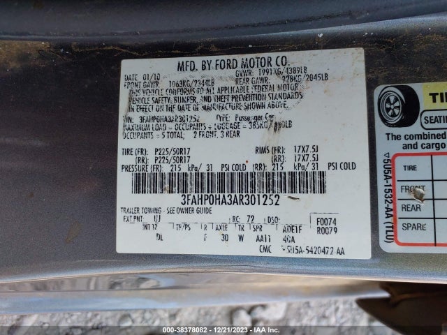 2010 FORD FUSION SE VIN: 3FAHP0HA3AR301252