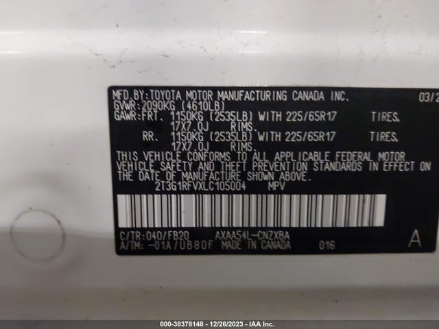 2020 TOYOTA RAV4 LE VIN: 2T3G1RFVXLC105004