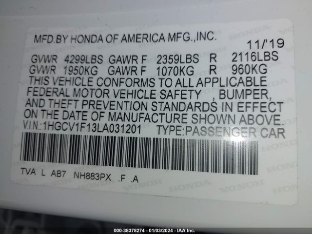 Honda ACCORD LX 2020 1HGCV1F13LA031201 Image 9