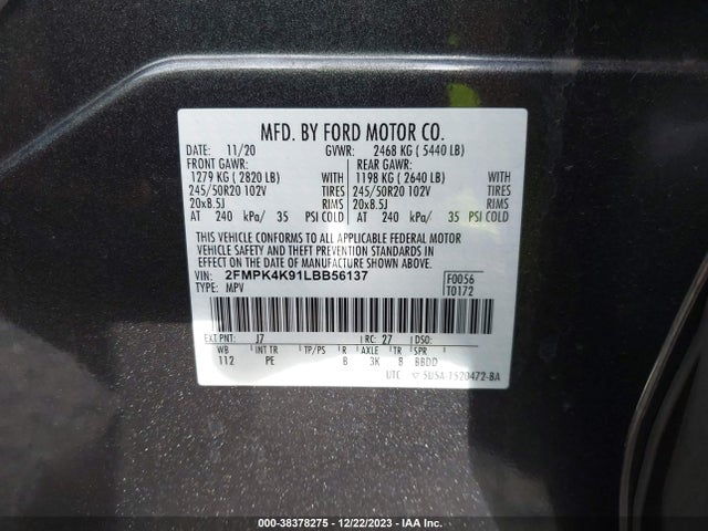 2020 FORD EDGE TITANIUM VIN: 2FMPK4K91LBB56137