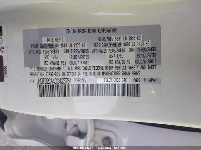2013 MAZDA CX-9 TOURING VIN: JM3TB2CA4D0423751