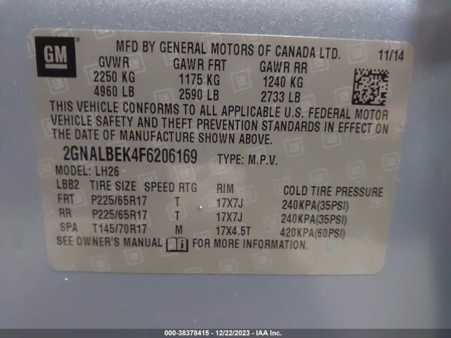 Chevrolet EQUINOX 1LT 2015 2GNALBEK4F6206169 Image 9