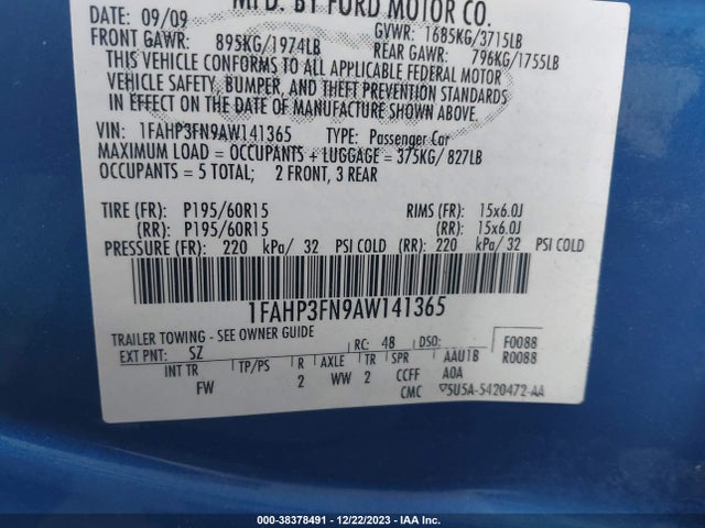 2010 FORD FOCUS SE VIN: 1FAHP3FN9AW141365