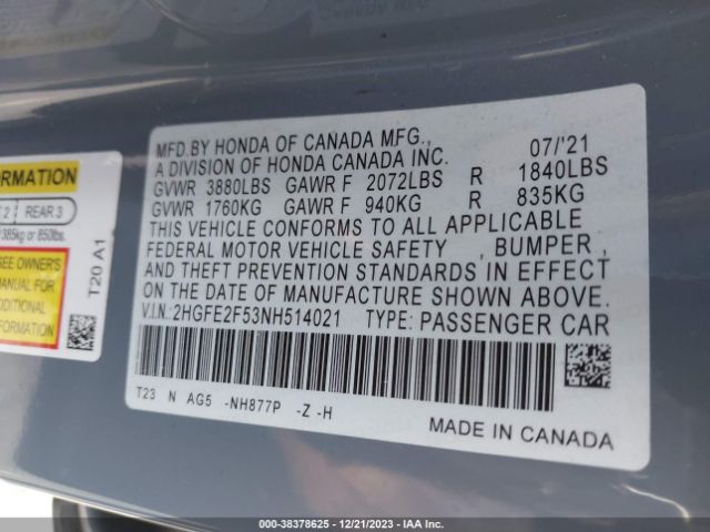 2HGFE2F53NH514021 Honda Civic Sport