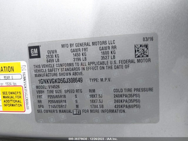 Chevrolet Traverse 1lt 2016 1GNKVGKD5GJ308649 Image 9