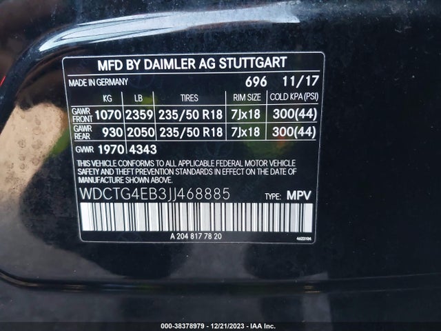 2018 MERCEDES-BENZ GLA 250 VIN: WDCTG4EB3JJ468885