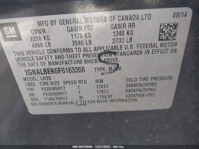 Chevrolet EQUINOX 1LT 2015 2GNALBEK6F6163356 Image 9