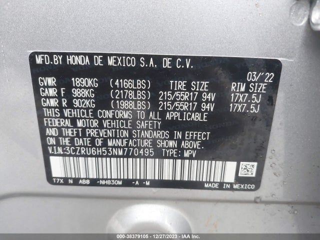 Honda Hr-v Awd Ex 2022 3CZRU6H53NM770495 Image 9