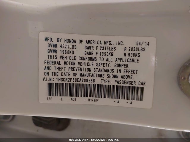 38379187 :رقم المزاد ، 1HGCR2F50EA209288 vin ، 2014 Honda Accord Sport مزاد بيع