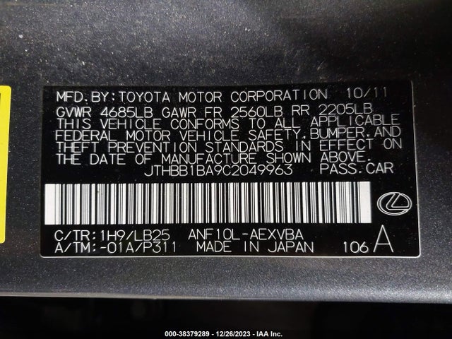 2012 LEXUS HS 250H VIN: JTHBB1BA9C2049963