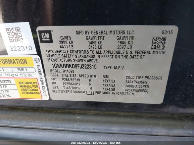 1GKKRRKD9FJ322310 GMC Acadia Slt-1
