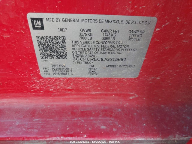 2018 CHEVROLET SILVERADO 1500 1LT VIN: 3GCPCREC8JG215684