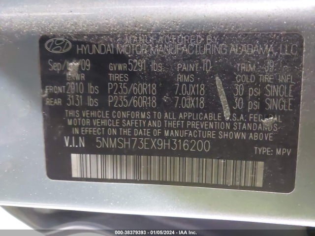 2009 HYUNDAI SANTA FE LIMITED VIN: 5NMSH73EX9H316200