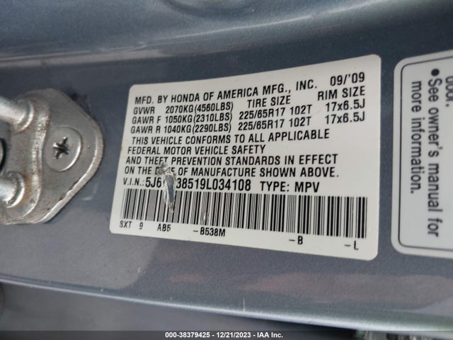 2009 HONDA CR-V EX VIN: 5J6RE38519L034108