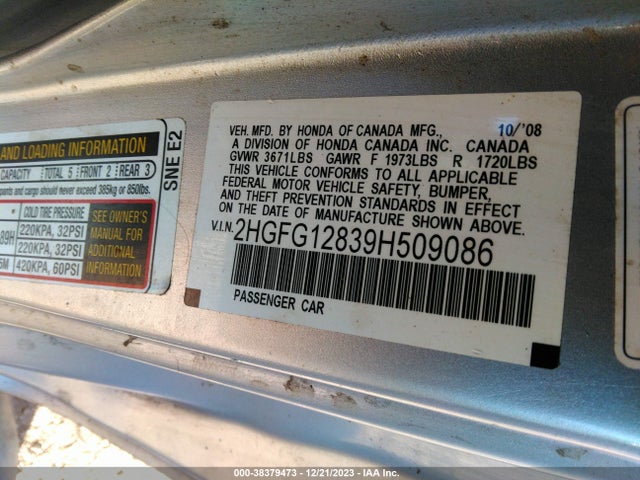 2009 HONDA CIVIC EX VIN: 2HGFG12839H509086