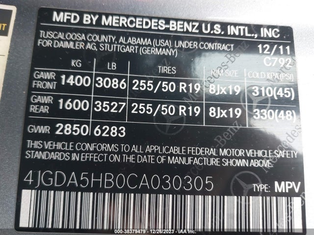 2012 MERCEDES-BENZ ML 350 4MATIC VIN: 4JGDA5HB0CA030305