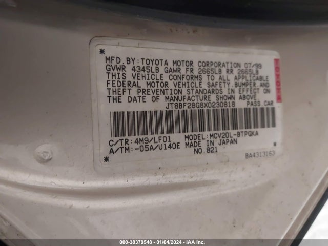 1999 LEXUS ES 300 VIN: JT8BF28G8X0230818