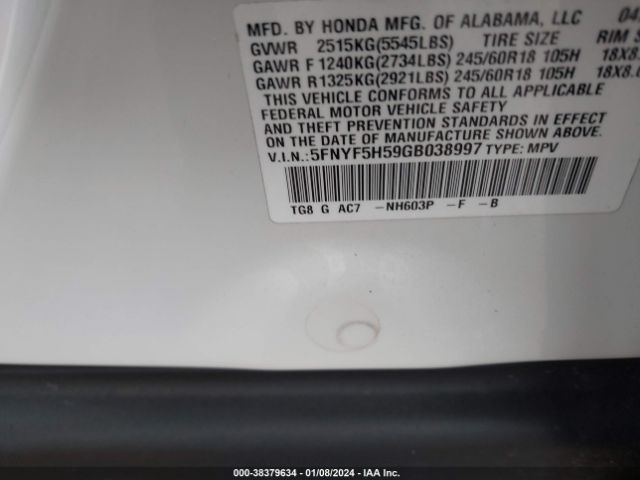 5FNYF5H59GB038997 Honda Pilot Ex-l