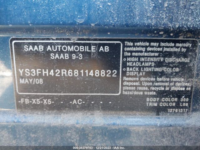 2008 SAAB 9-3 YS3FH42R681148822 Photo 8