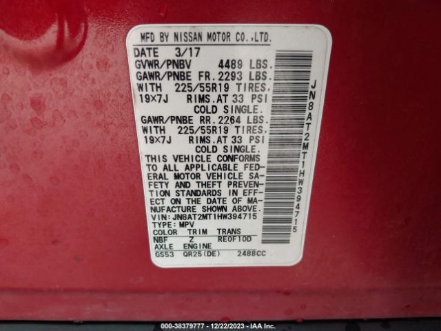 JN8AT2MT1HW394715 Nissan Rogue Sl