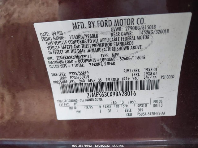 2009 FORD FLEX LIMITED VIN: 2FMEK63CX9BA28016