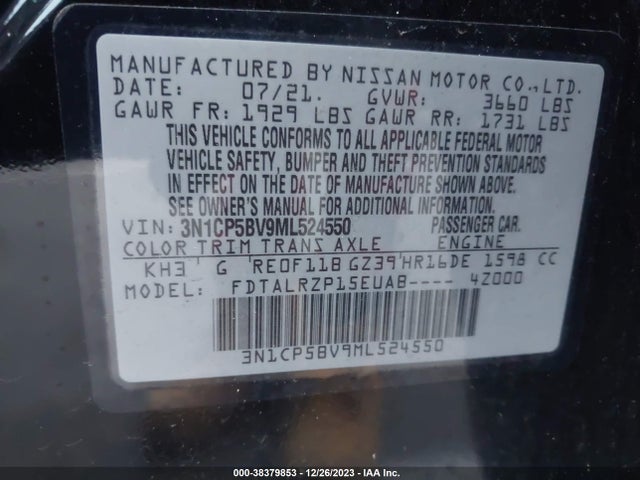 2021 NISSAN KICKS S XTRONIC CVT VIN: 3N1CP5BV9ML524550