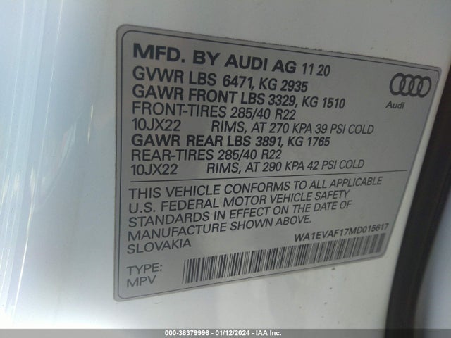 WA1EVAF17MD015617 Audi Q8 Premium Plus 55 Tfsi Quattro Tiptronic