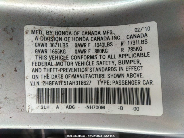 2010 HONDA CIVIC LX VIN: 2HGFA1F51AH318627