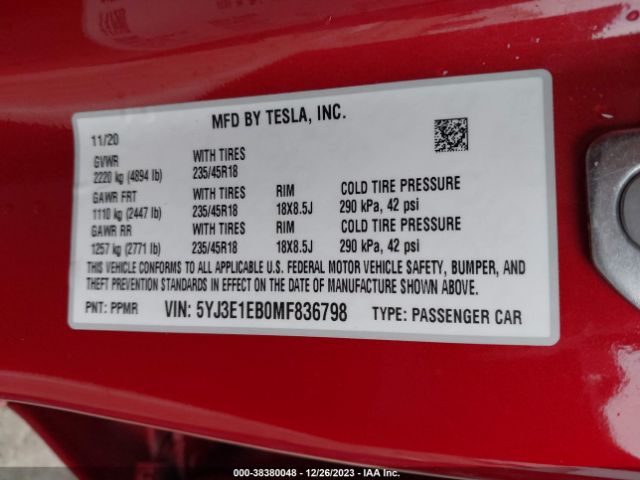 5YJ3E1EB0MF836798 Tesla Model 3 Long Range Dual Motor All-wheel Drive