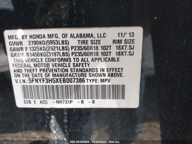 2014 HONDA PILOT EX-L VIN: 5FNYF3H5XEB007386