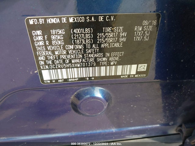 Honda HR-V EX 2017 3CZRU5H5XHM701379 Image 9