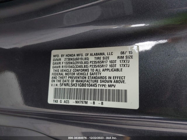Honda ODYSSEY SE 2016 5FNRL5H31GB010445 Image 9